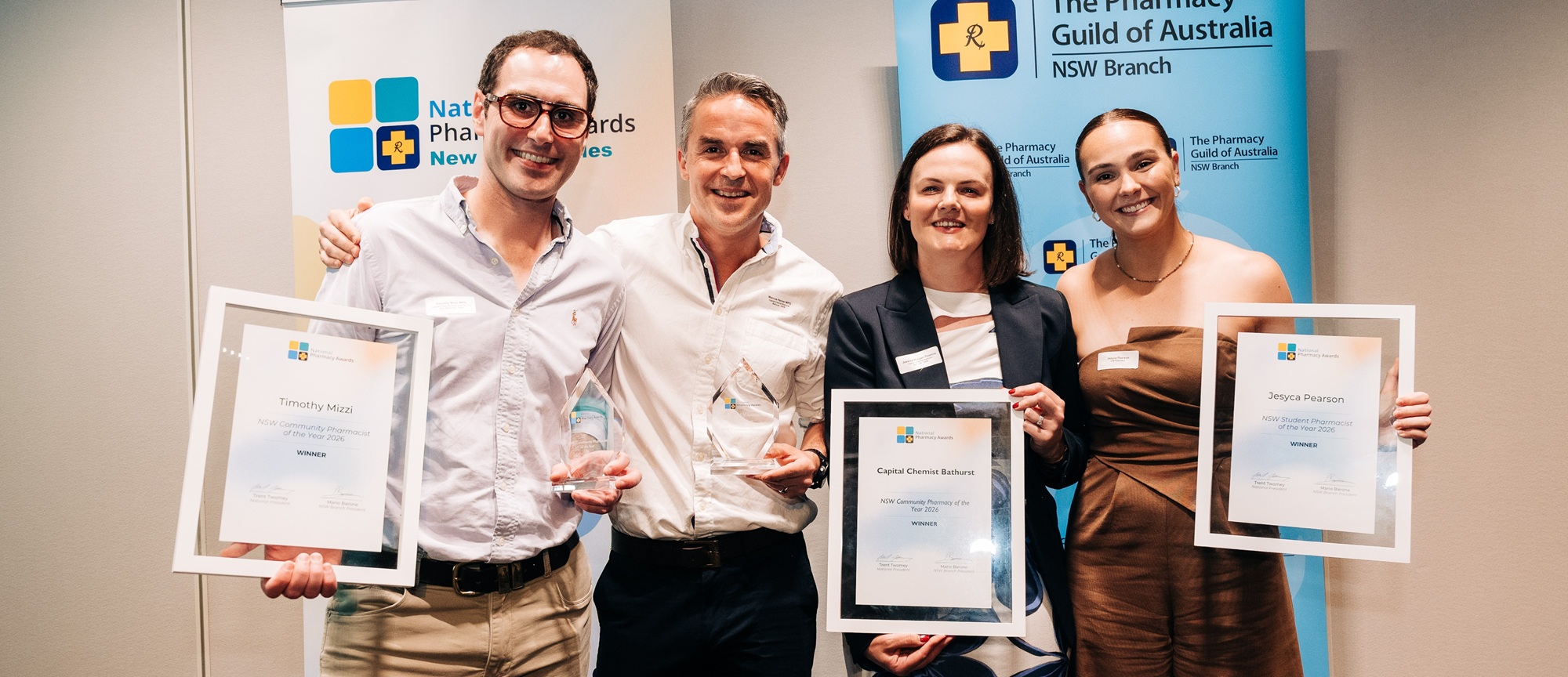 NSW award winners Timonth Mizzi, Marcus and Hannah Heiner, and Jesyca Pearson at Parliament House in Sydney