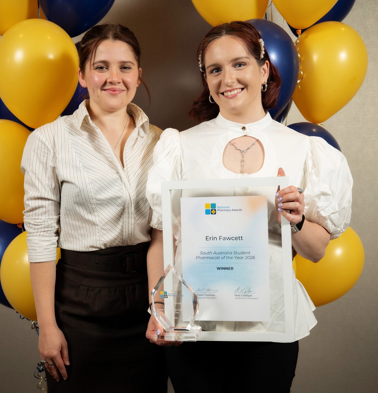 Erin Fawcett and partner, Chloe Weigall (left) enjoying the evening in Adelaide