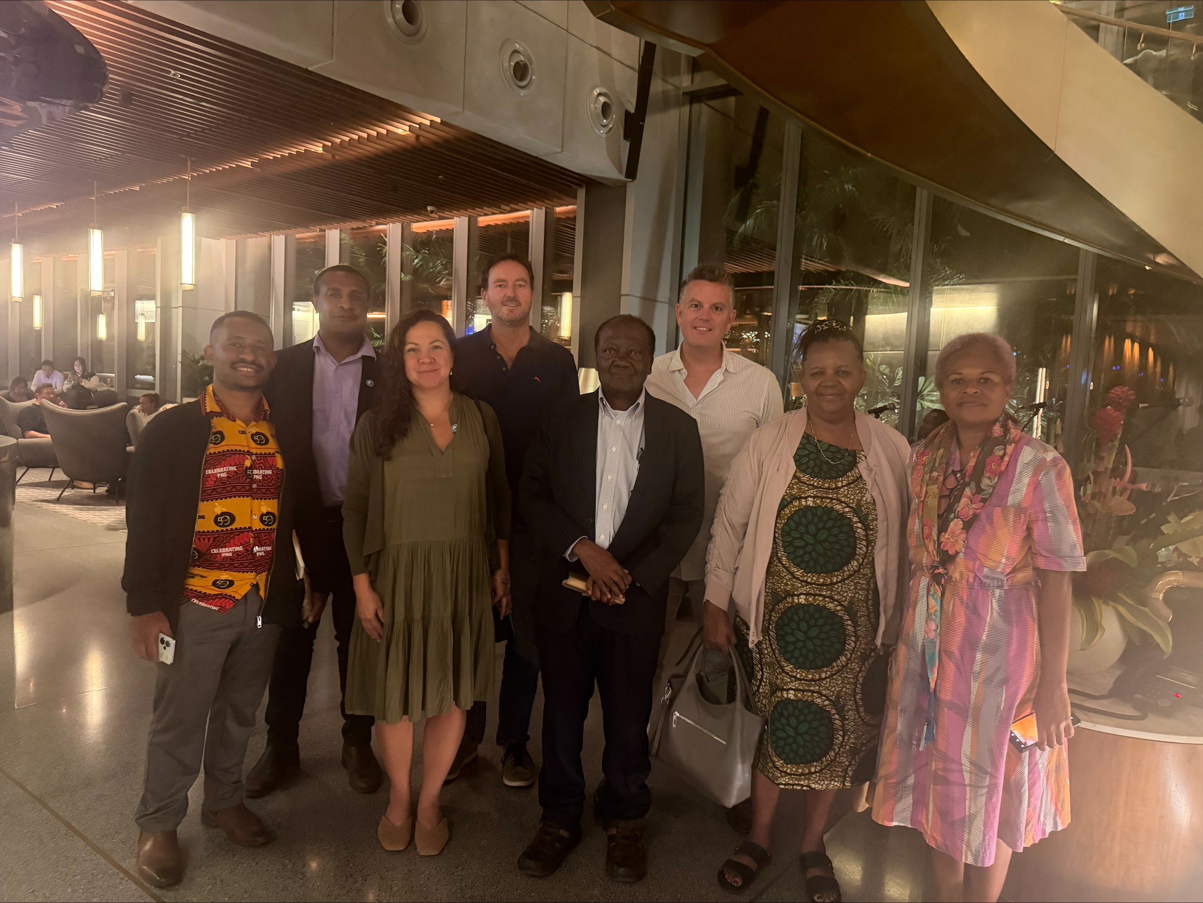 From left to right: Jeremiah Elizah, President of the Pharmaceutical Students&rsquo; Society of Papua New Guinea (PSSPNG); Omega Fitzgerald Manua, President of the Pharmaceutical Society of Papua New Guinea (PSPNG); Catherine Bronger, National Councillor of the Pharmacy Guild of Australia; Daniel King, Chief Executive Officer of Chemcare Group; Associate Professor Dr J.A.K. Lauwo, Foundation Head, Discipline of Pharmacy, School of Medicine and Health Sciences, University of Papua New Guinea, with his wife; Professor Trent Twomey, National President of the Pharmacy Guild of Australia; and Mrs Anita Ireng Atafi, Immediate Past President of the Pharmaceutical Society of Papua New Guinea (PSPNG) and Head Pharmacist, Chemcare Pharmacies 